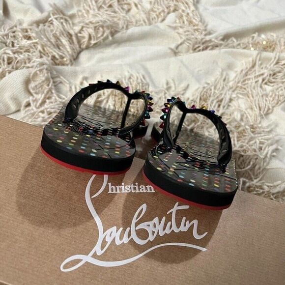 CHRISTIAN LOUBOUTIN Loubi Flip Flop Spikes Donna Flat Black Mix Studded - Picture 8 of 10